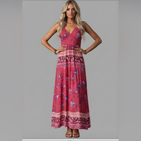 By Design Dresses & Skirts - Boho Floral Print Shirred Dress Red